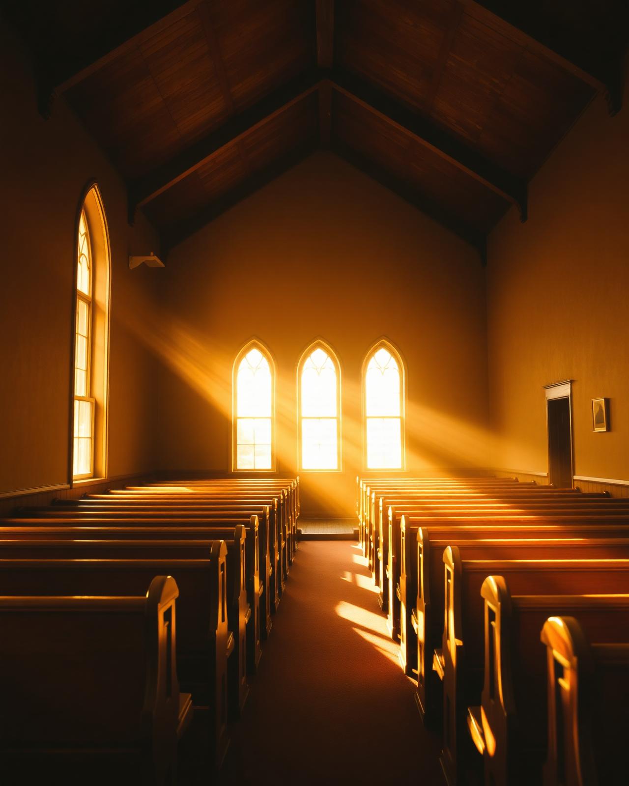 Sunlight streaming through stained glass into the Bonnerton Community Worship Centers sanctuary